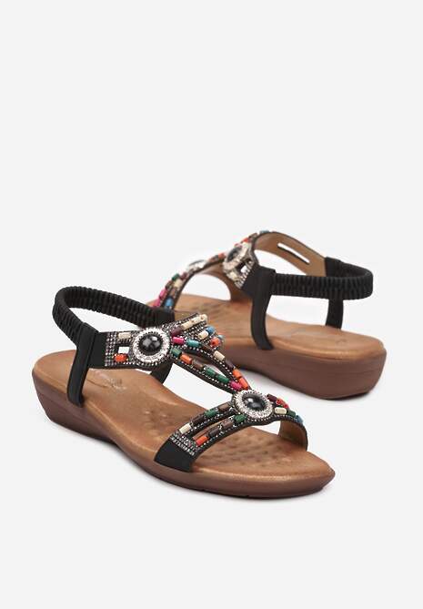 Czarne Sandały z Koralikami i Cyrkoniami Carmilla