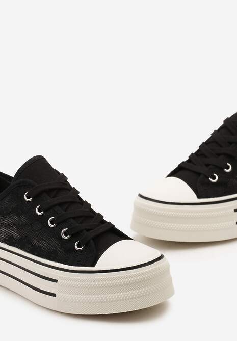 Czarne Koronkowe Trampki Przed Kostkę na Platformie Lilama