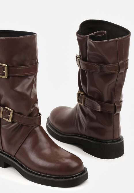 Brązowe Botki Biker Boots z Marszczoną Cholewką i Paskami ze Sprzączkami Sinesa