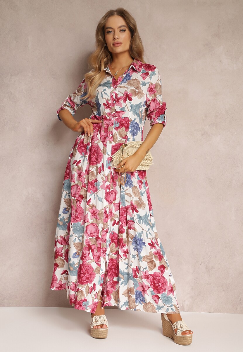 Biała Sukienka Koszulowa z Rozcięciem w Kwiaty Yamone