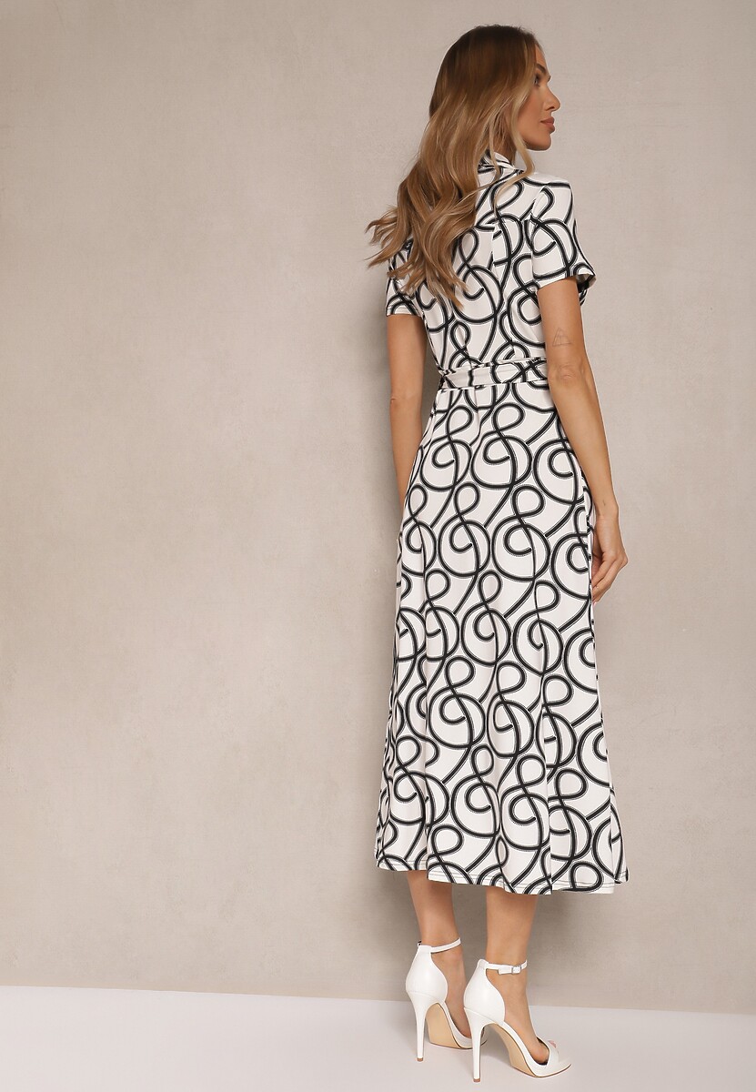 Czarno-Biała Sukienka z Wiskozą o Koszulowym Kroju z Geometrycznym Wzorem Saravione