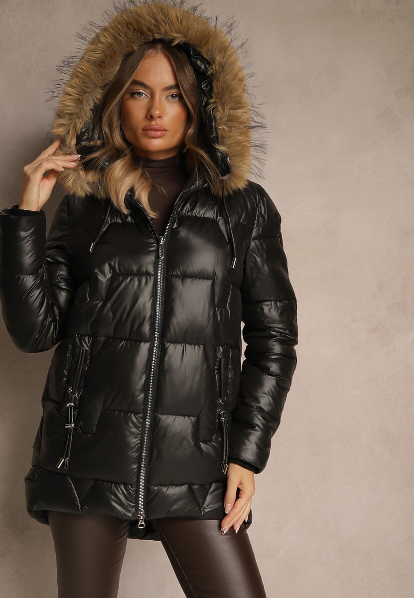 Czarna Kurtka z Pikowanymi Przeszyciami i Kapturem z Odpinanym Futrem Galenea