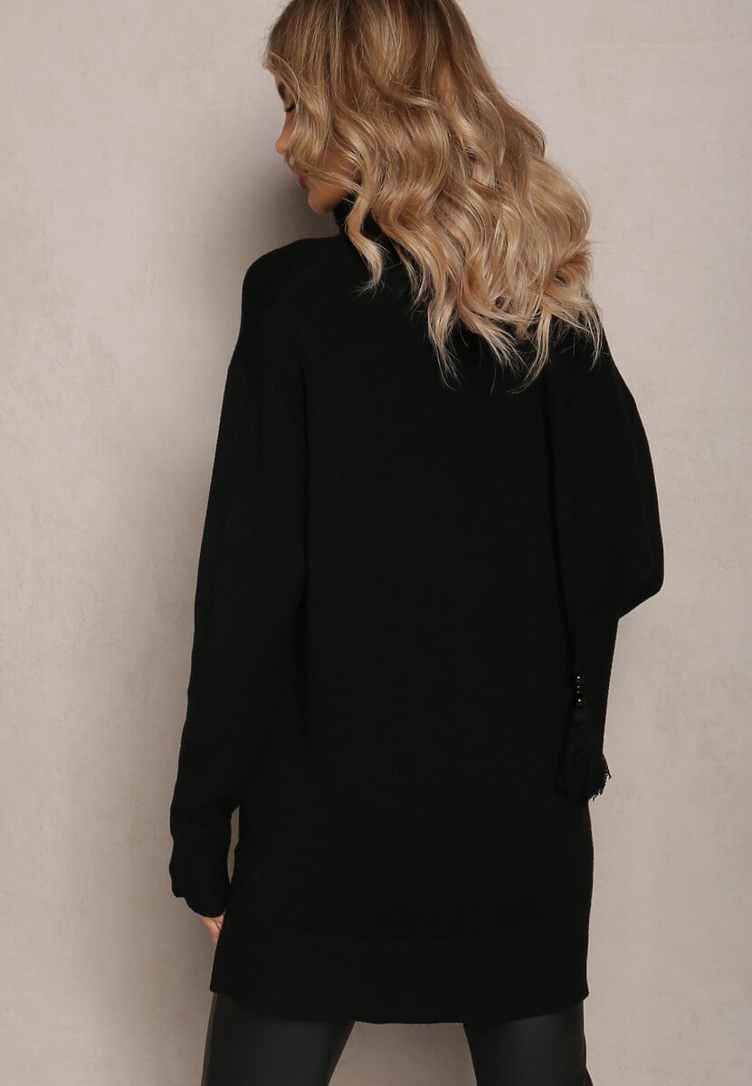 Czarny Sweter z Szalikiem z Chwostami w Komplecie Rumabena