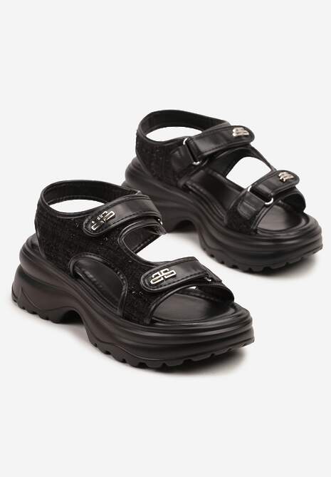 Czarne Sportowe Sandały z Zapięciem na Rzep i Piankową Podeszwą z Tłoczeniami Nimivelle