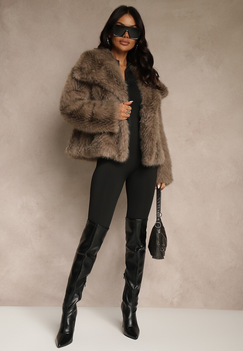 Jasnobrązowa Kurtka Futerko Ozdobione Cieniowanym Motywem Monideva