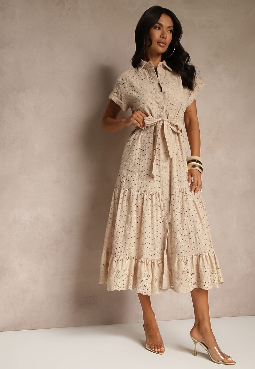 Beżowa Koszulowa Sukienka z Ażurowej Bawełny Wiązana w Talii Lulilena