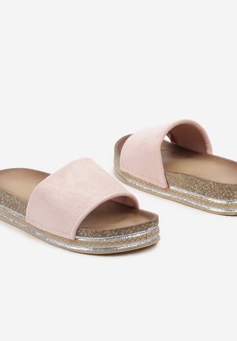 Różowe Klapki Ozdobione Brokatem na Podeszwie z Korkową Wstawką Madiena