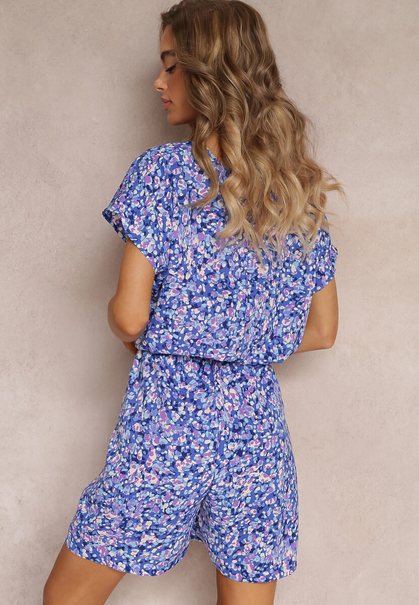 Niebieski Kwiecisty Kombinezon z Krótkimi Rękawami i Nogawkami Olyssa