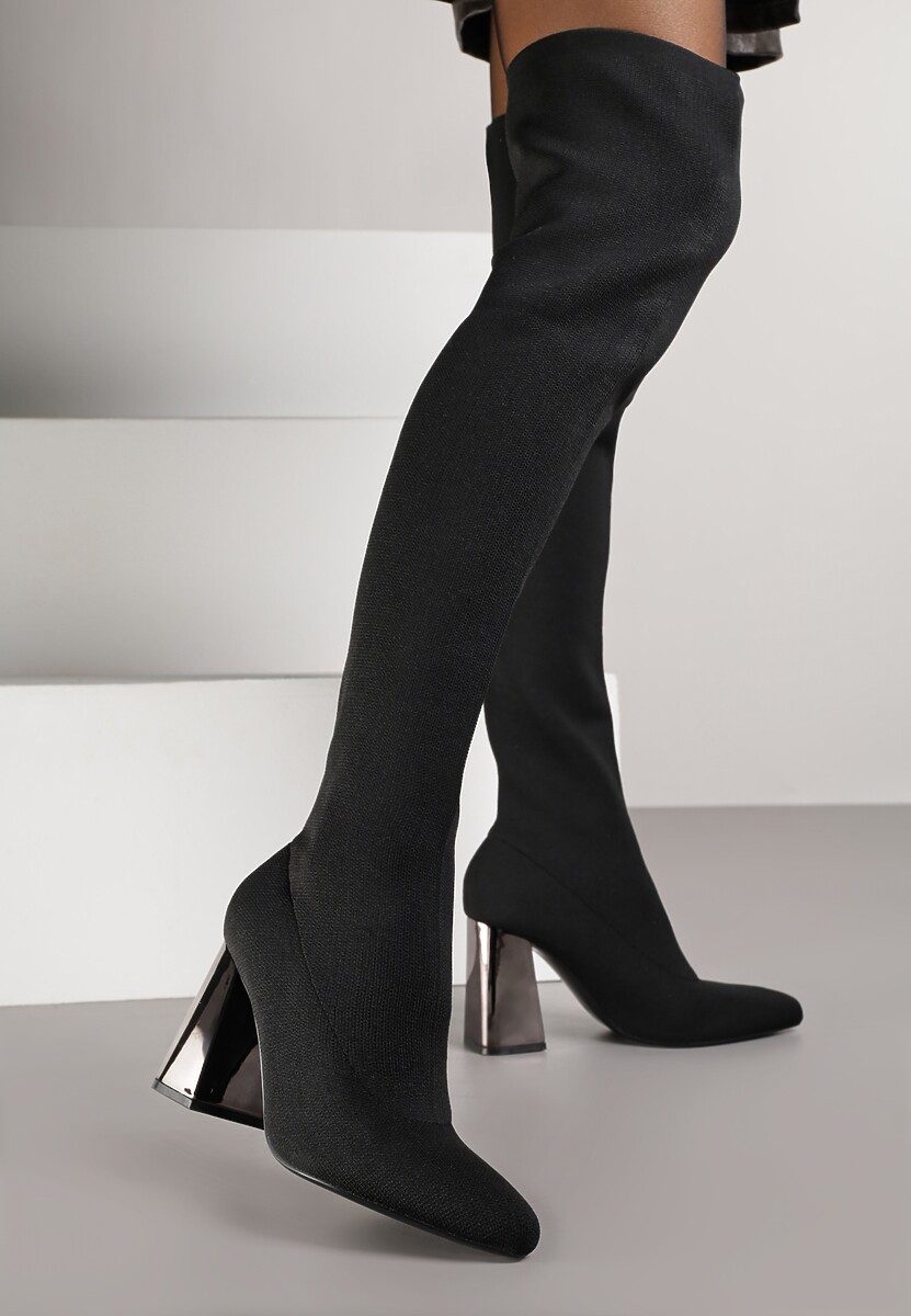 Czarne Kozaki Vices za Kolano na Metalicznym Słupku ze Skarpetkową Cholewką Neliannea