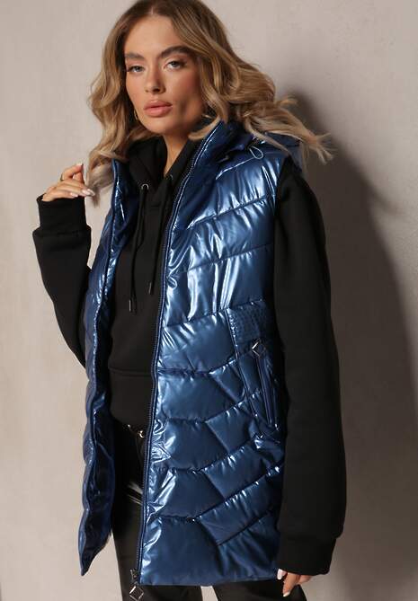 Niebieska Kamizelka Bezrękawnik z Kapturem i Ozdobnym Pikowaniem Sieuna