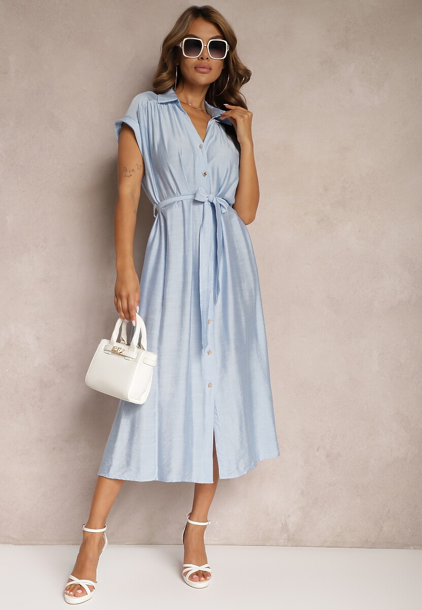 Niebieska Rozkloszowana Sukienka o Koszulowym Kroju Ozdobiona Paskiem w Talii i Guzikami Rosofia