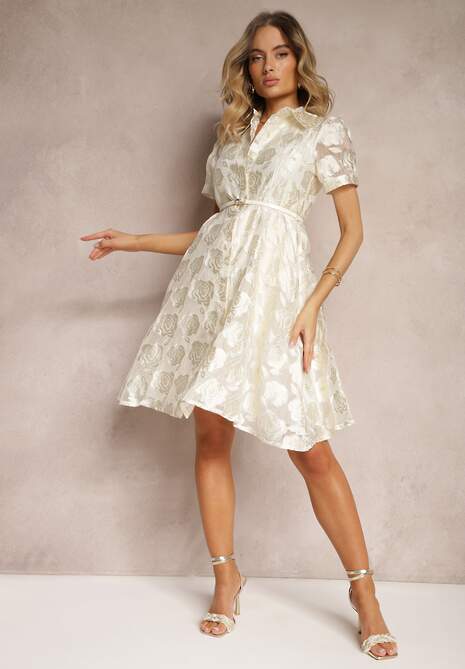 Beżowa Koktajlowa Taliowana Sukienka o Kroju Koszulowym Ozdobiona Paskiem z Perełką Vimalette