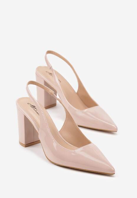 Beżowe Sandały Lakierowane na Słupku Slingback Halasela