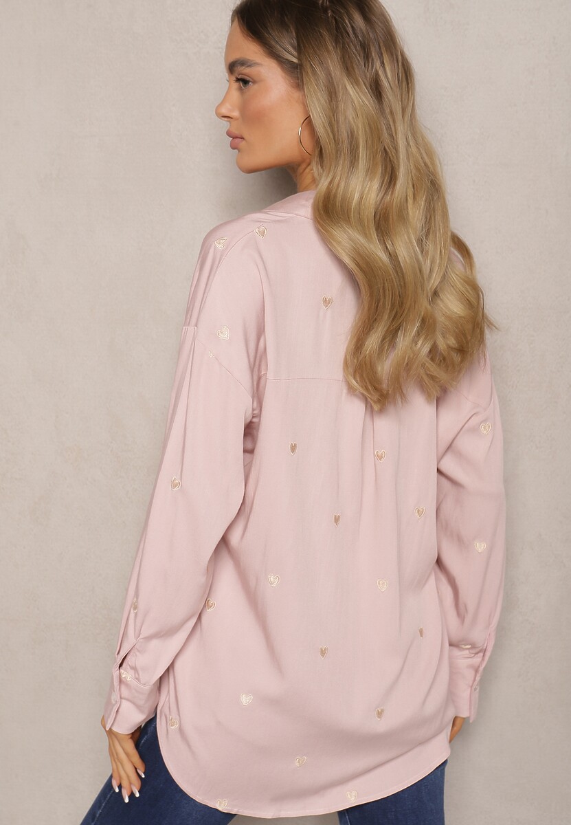 Różowa Koszula z Bawełny Ozdobiona Naszytymi Serduszkami Arreanna