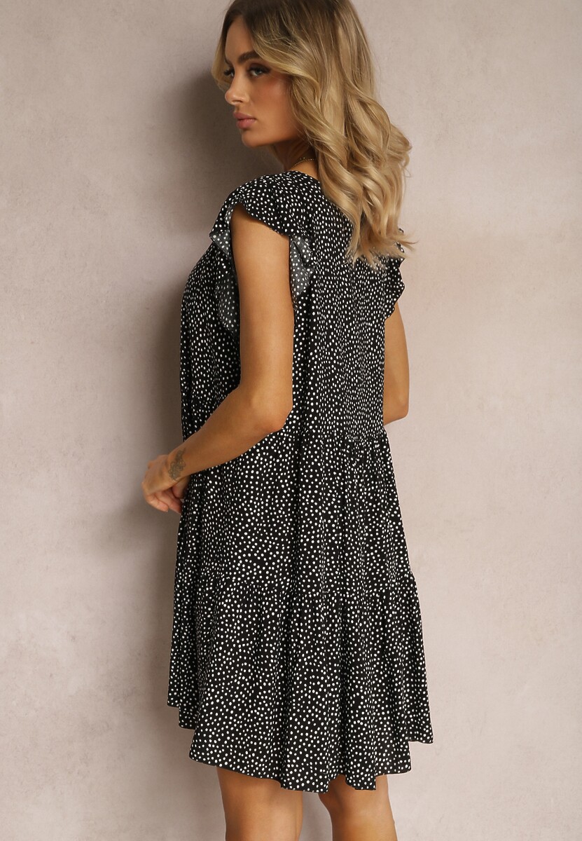 Czarna Rozkloszowana Sukienka z Bawełny w Kropki z Trójkątnym Dekoltem Riessa
