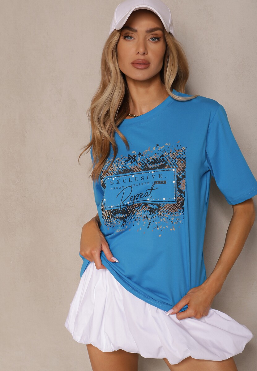 Niebieski T-shirt z Bawełny Zdobiony Nadrukiem z Cyrkoniami Idelunea