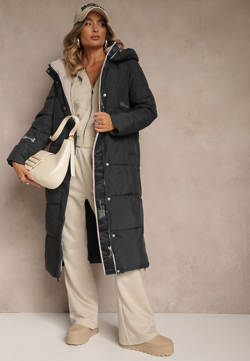 Czarna Pikowana Kurtka o Długim Kroju z Kapturem i Suwakami po Bokach Tevitte