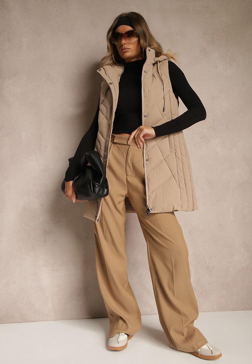 Ciemnobeżowa Pikowana Kamizelka o Taliowanym Kroju z Kapturem Tulonea