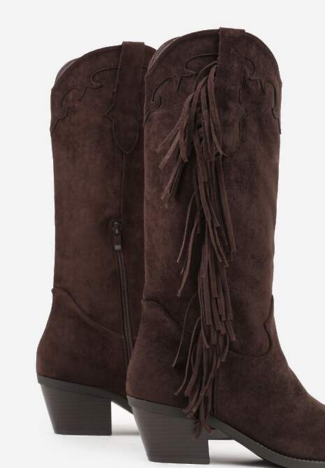 Ciemnobrązowe Kozaki Kowbojki na Stożku Ozdobione Frędzlami Reianeva