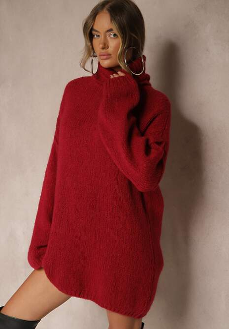 Bordowy Golf o Kroju Oversize z Wełną i Moherem Temirali