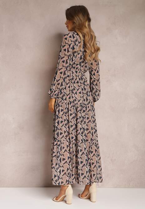 Czarno-Beżowa Sukienka Kopertowa z Gumką w Talii Jarne