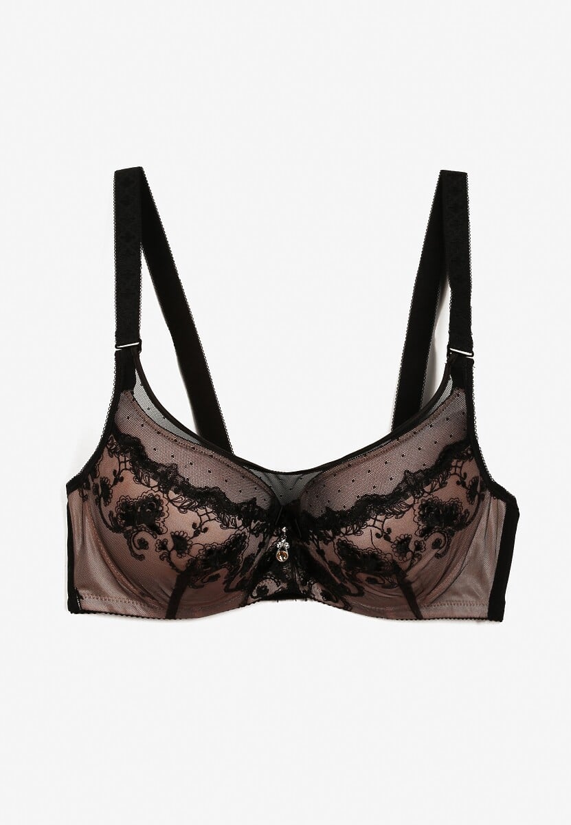 Czarno-Beżowy Elegancki Biustonosz Push Up z Odpinanymi Ramiączkami Ursa