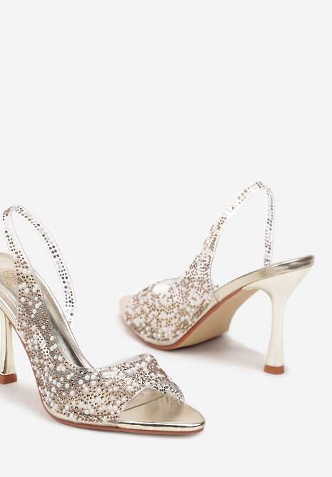 Złote Sandały Obcasie Transparentne Ozdobione Cyrkoniami Transparentną Cholewką i Perełkami Arfala