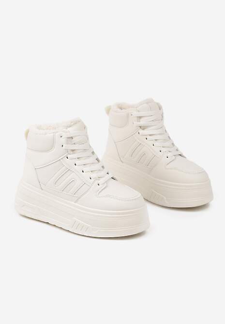 Beżowe Sneakersy na Platformie Mocno Ocieplane Futerkiem Lealwen