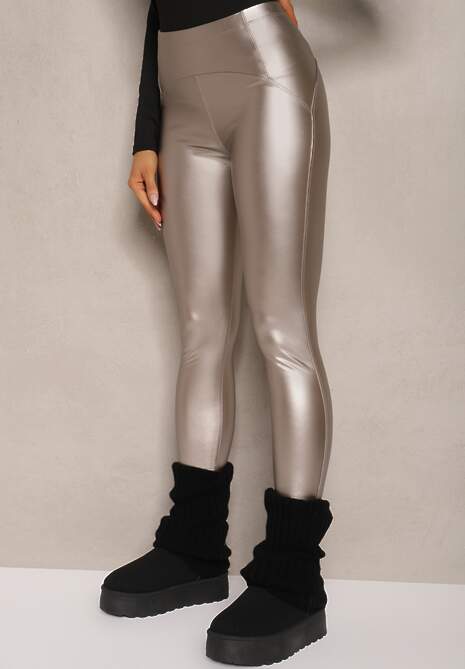 Srebrne Legginsy z Imitacji Skóry High Waist z Polarem Labrinne