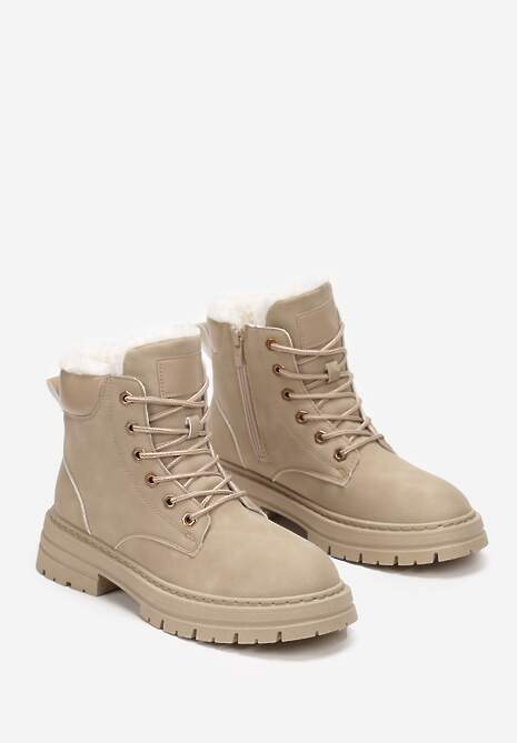 Beżowe Traperki Mocno Ocieplone Sztucznym Futerkiem Janeka