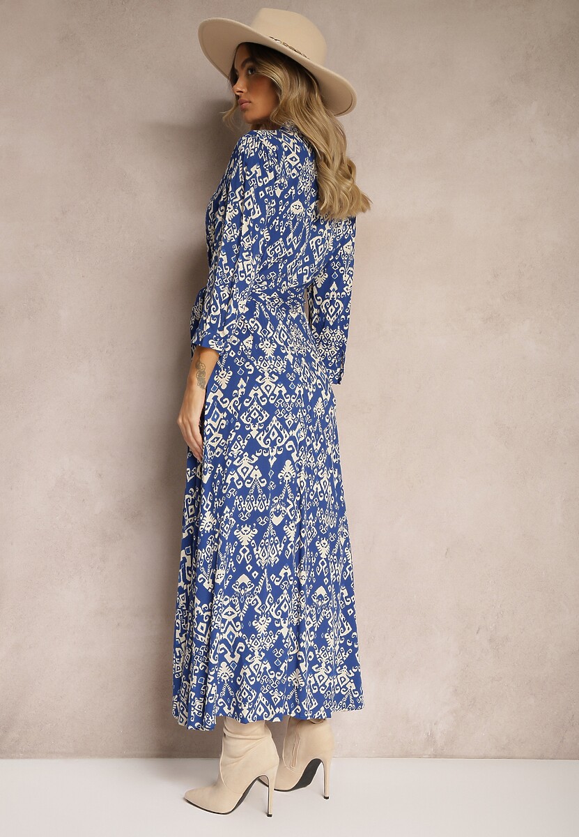 Granatowa Sukienka Koszulowa Wiązana w Pasie w Etno Wzór z Wiskozy Lokaggia