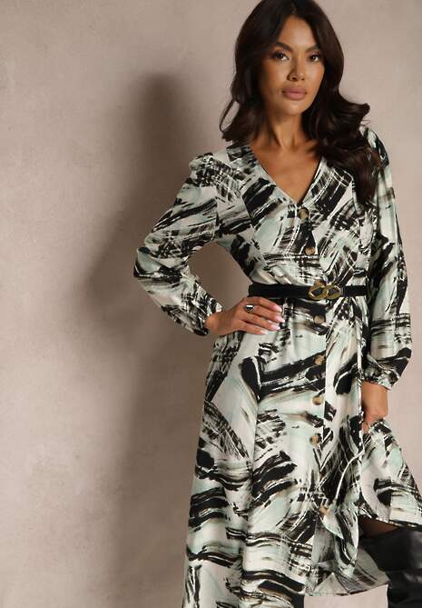 Zielona Wzorzysta Sukienka z Wiskozą o Rozkloszowanym Kroju z Dodatkowym Paskiem Mirilie