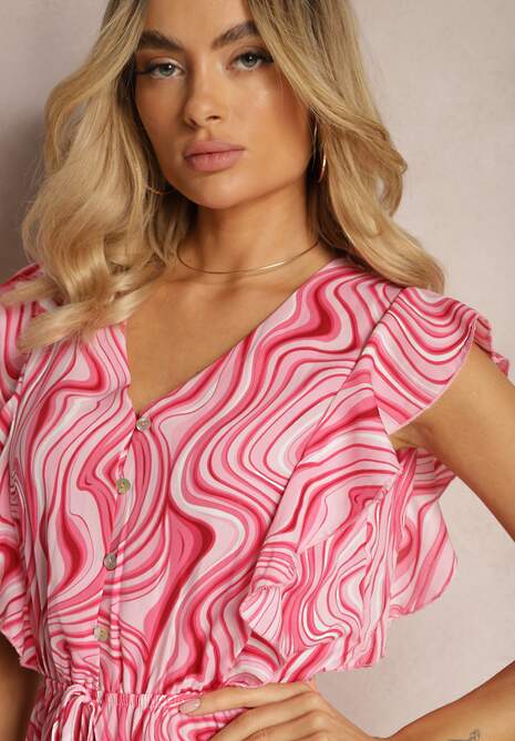 Różowa Rozkloszowana Sukienka z Guzikami i Gumką w Talii Mottella