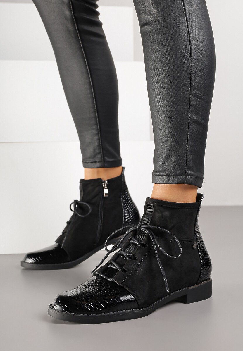 Czarne Botki Trzewiki Vices Ozdobione Lakierowanymi Elementami Afridde