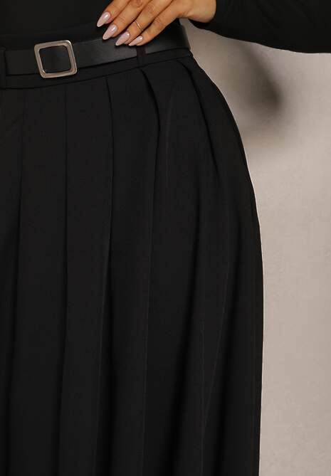 Czarna Rozkloszowana Spódnica z Szerokimi Plisami i Paskiem z Ekoskóry Awhisa