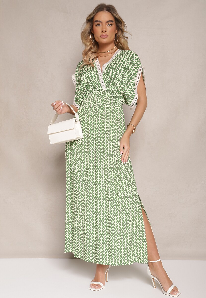 Zielona Sukienka Rozkloszowana z Bawełny Wykończona Koronką Lanadria