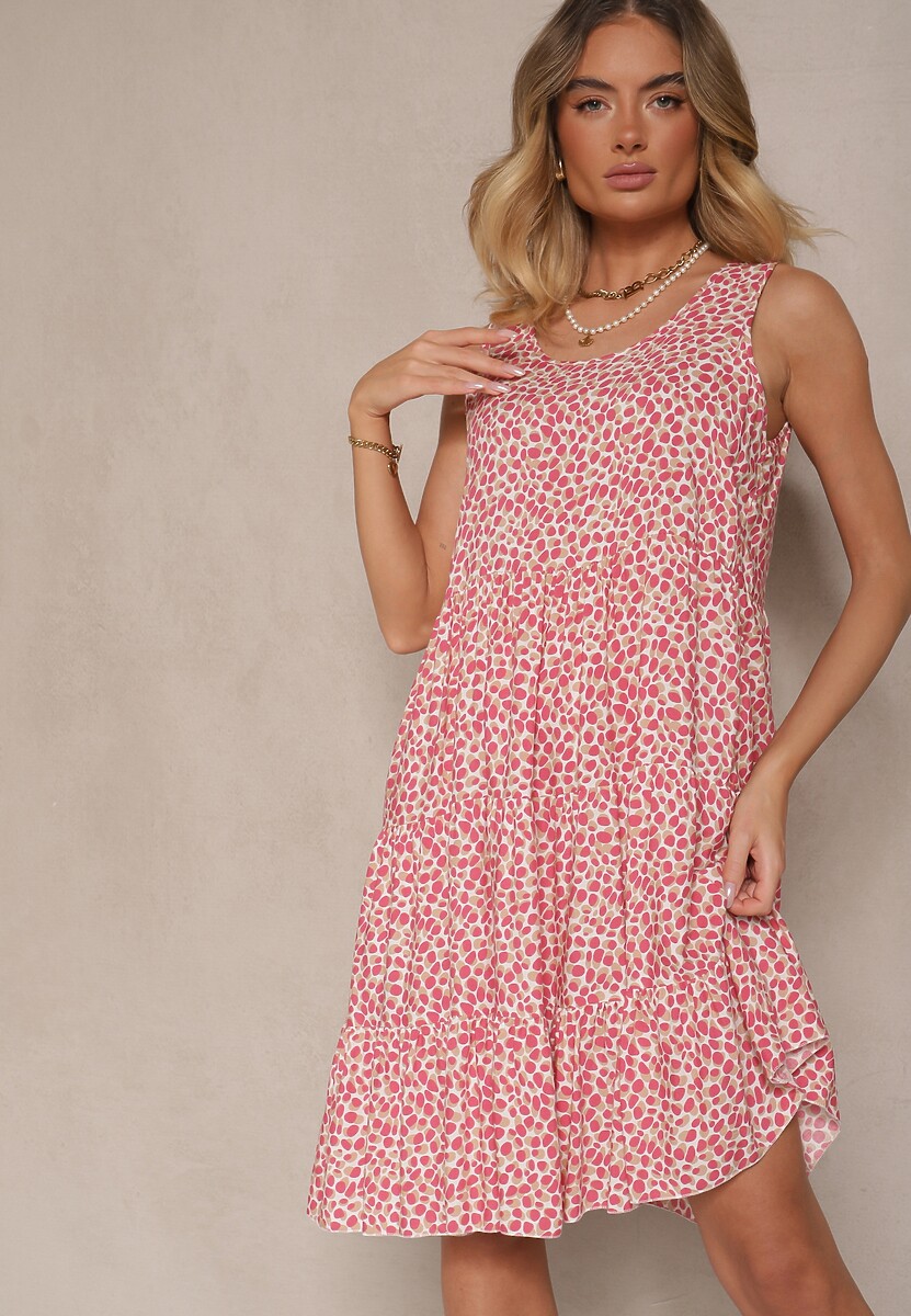 Ciemnoróżowa Sukienka z Bawełnianej Tkaniny w Nakrapiany Wzór Bez Rękawów Nativoria