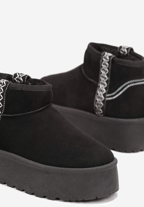 Czarne Śniegowce na Wsuwanie z Ozdobnym Paskiem i Grubą Podeszwą Veonli