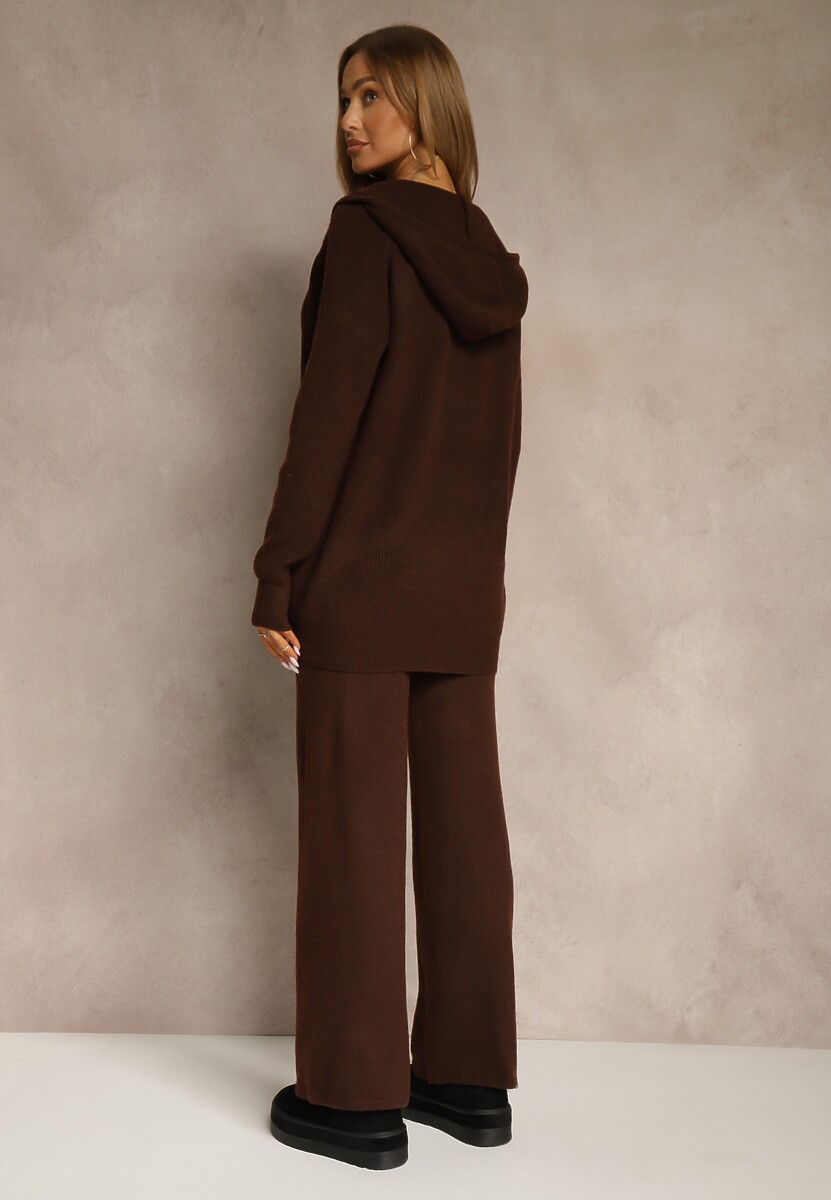 Brązowy Komplet z Wełną i Bawełną Rozpinana Bluza z Kapturem i Szerokie Spodnie Reisema