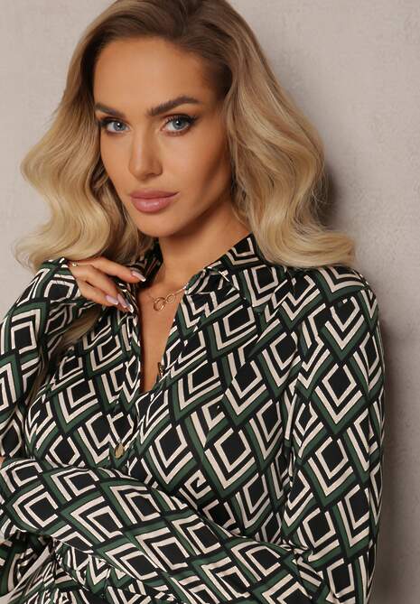 Zielona Koszulowa Sukienka Maxi w Geometryczny Wzór z Paskiem Oniufe