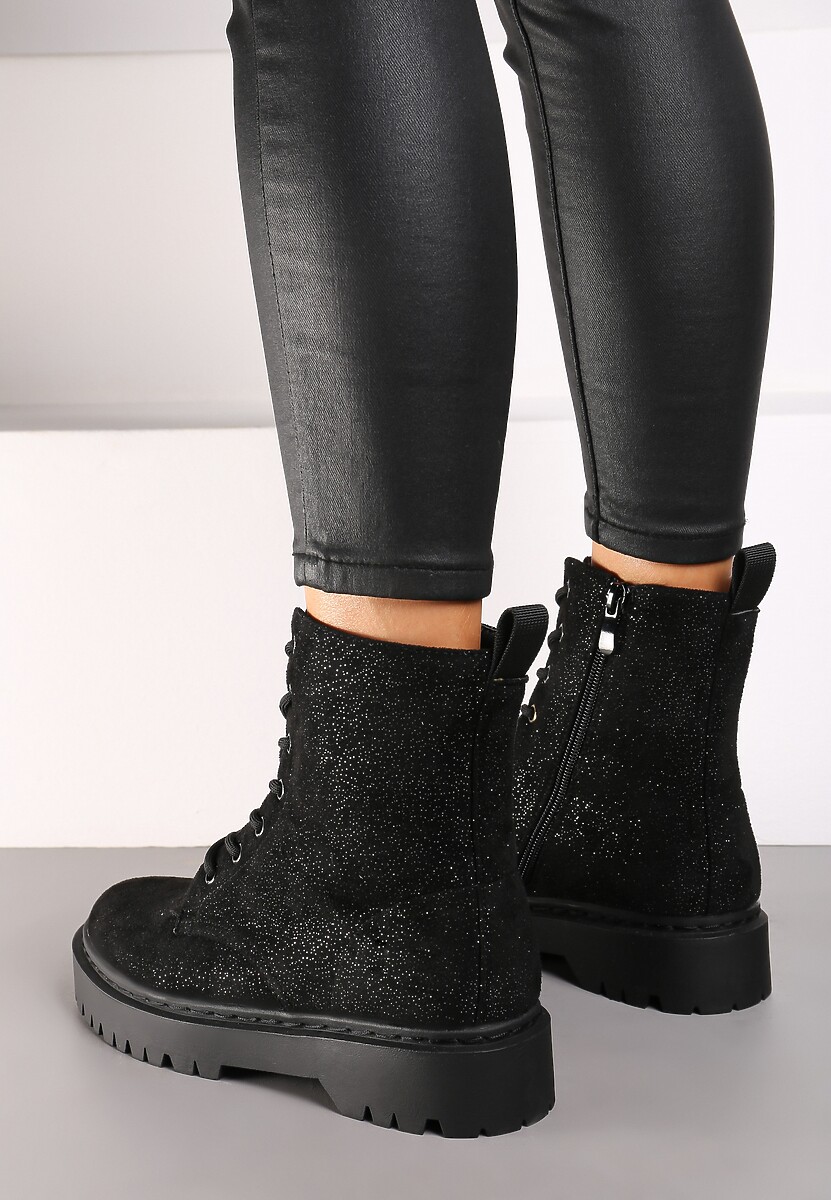 Czarne Botki Workery na Płaskiej Podeszwie Ozdobione Brokatem Lilitia