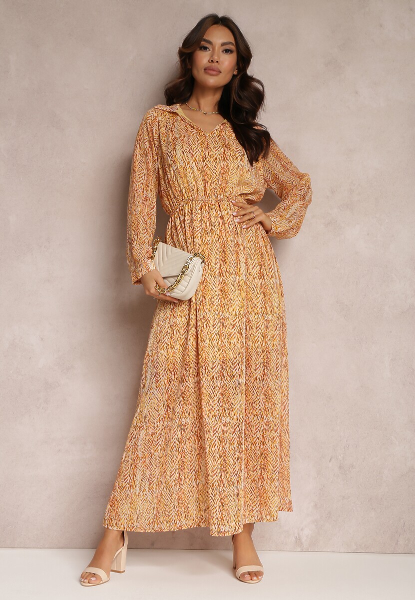 Pomarańczowo-Żółta Rozkloszowana Sukienka z Metaliczną Nitką i Sznurkiem Vivlit