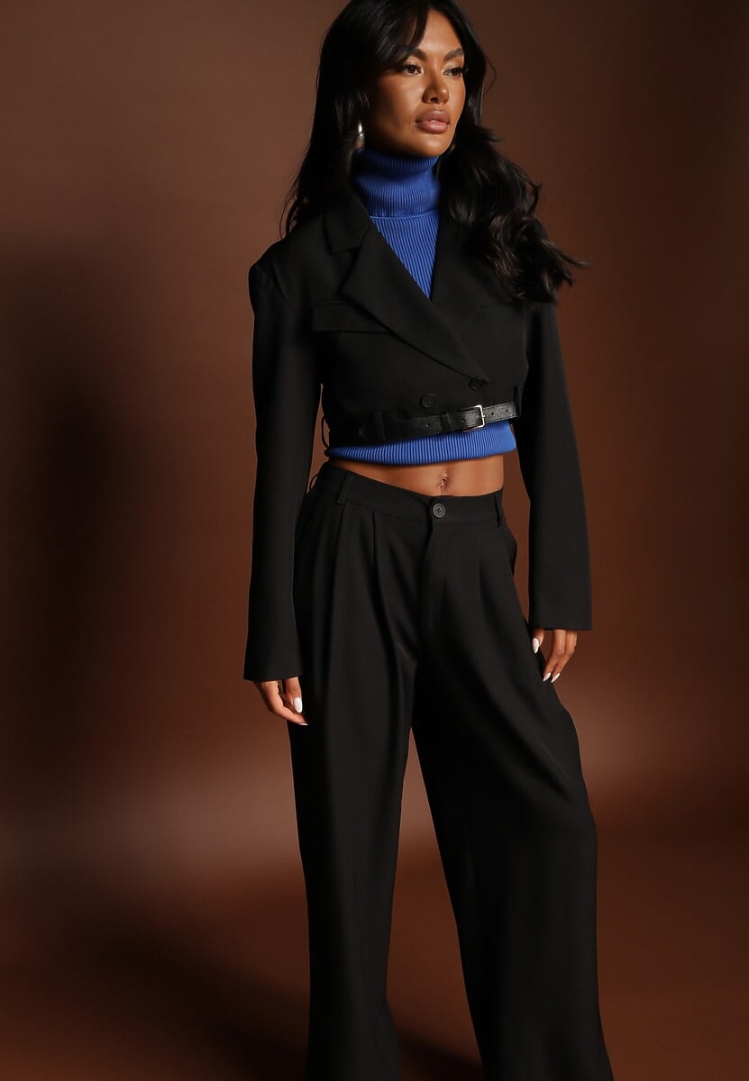 Czarny Komplet w Stylu Garniturowym Szerokie Spodnie z Paskiem i Krótka Marynarka Veritia