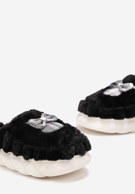 Czarne Futrzane Kapcie na Platformie z Kokardką Oivio