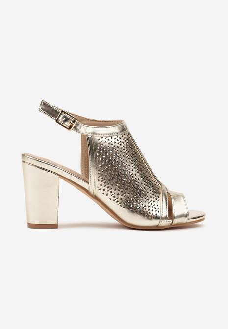 Złote Sandały Vices na Słupku z Ażurową Cholewką i Skórzaną Wkładką Saramiae