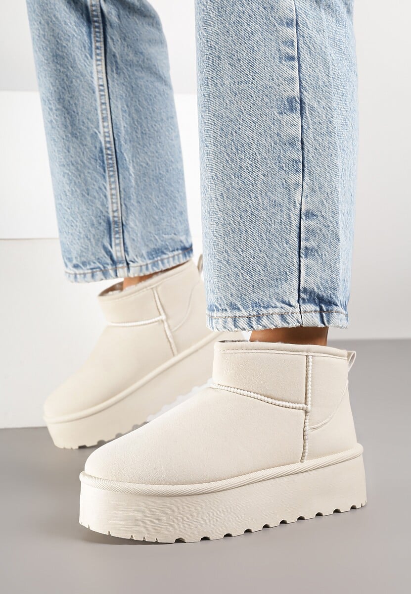 Beżowe Śniegowce na Platformie Ocieplane Futrem Saiveen