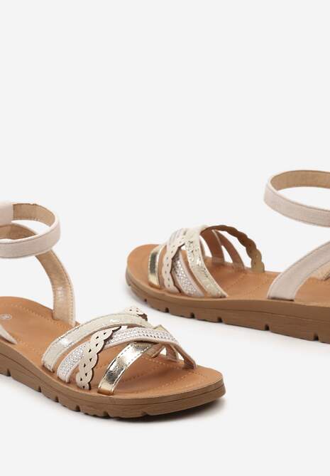 Beżowe Sandały Zapinane wokół Kostki na Grubej Podeszwie Tsulla