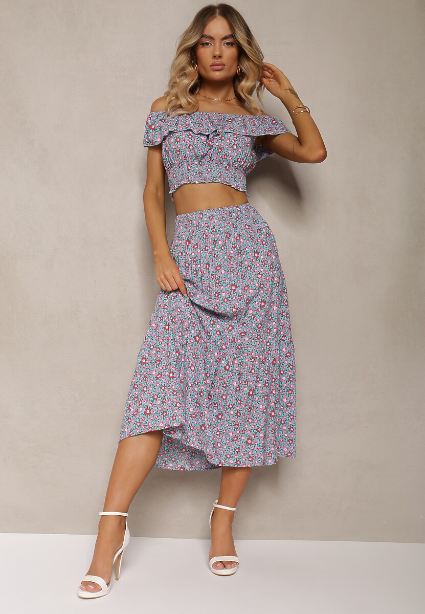 Jasnoniebieski 2-częściowy Komplet Bawełniany z Topem i Długą Spódnicą w Kwiaty Agnda