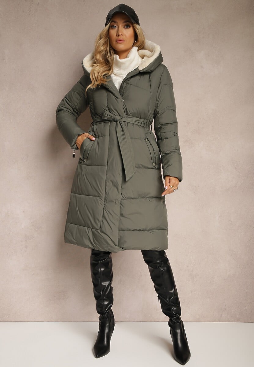 Zielona Długa Kurtka Pikowana z Kapturem Wiązana w Pasie Neanethra