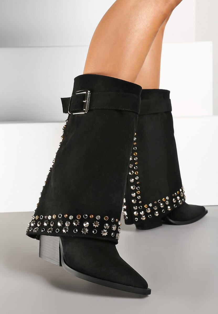 Czarne Ekozamszowe Kozaki na Obcasie z Cholewką Imitującą Nogawkę Ozdobioną Nitami Sagiyana